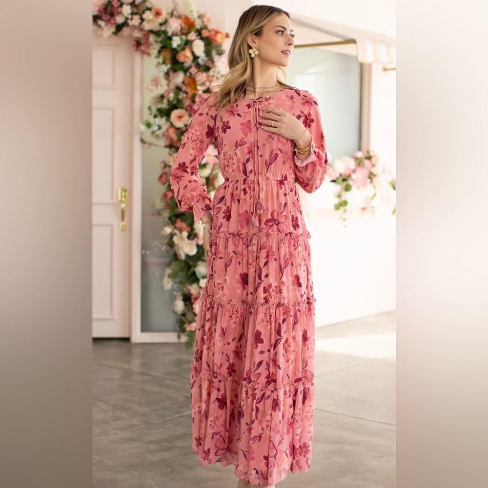 Adina LV- Mikaela Maxi- Pink Floral Chiffon Modest Dress